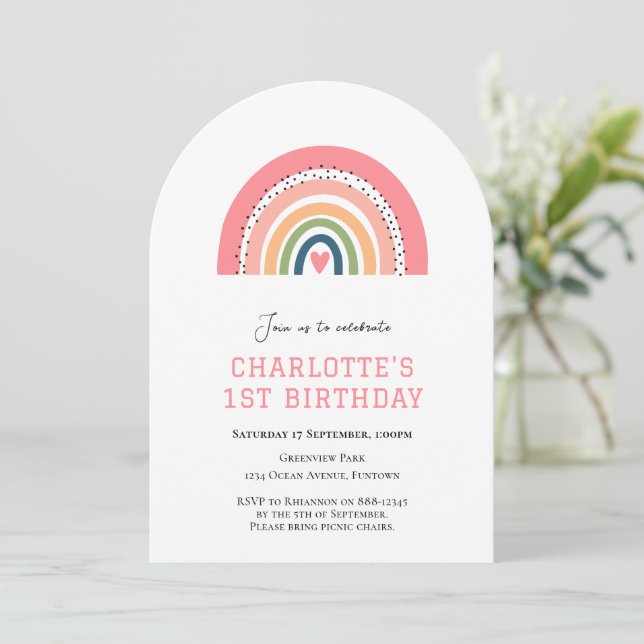 Pink Rainbow simple 1st birthday invitation (Standing Front)