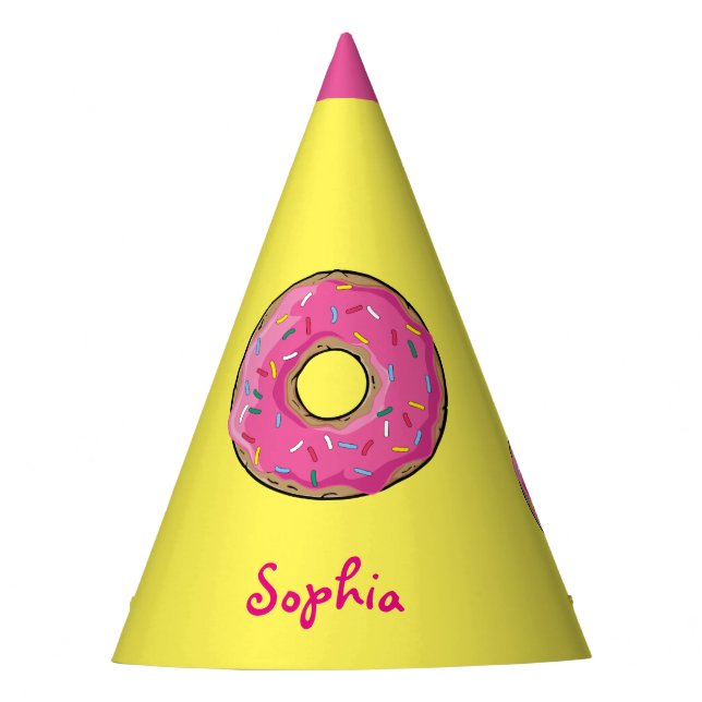 Pink Rainbow Sprinkle Doughnut Custom Name Party Hat (Front)