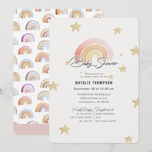 Pink Rainbow Stars Baby Shower Invitation (Front/Back)
