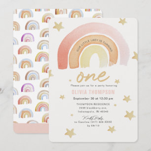 Pink Rainbow Stars First Birthday Party Invitation