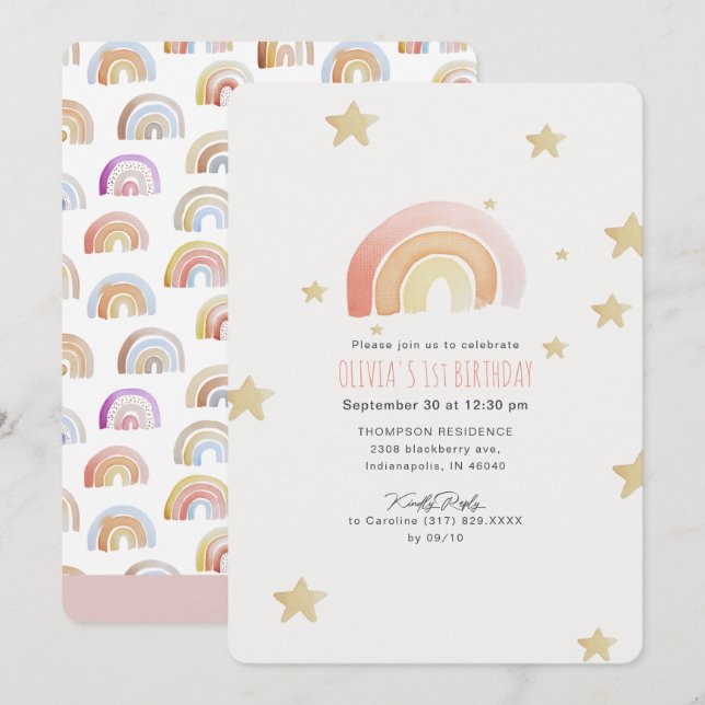 Pink Rainbow Stars First Birthday Party Invitation (Front/Back)