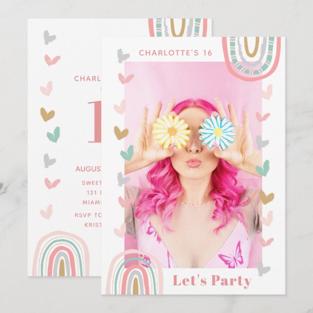 Pink Rainbow Sweet 16 Modern Birthday Party Invitation (Front/Back)