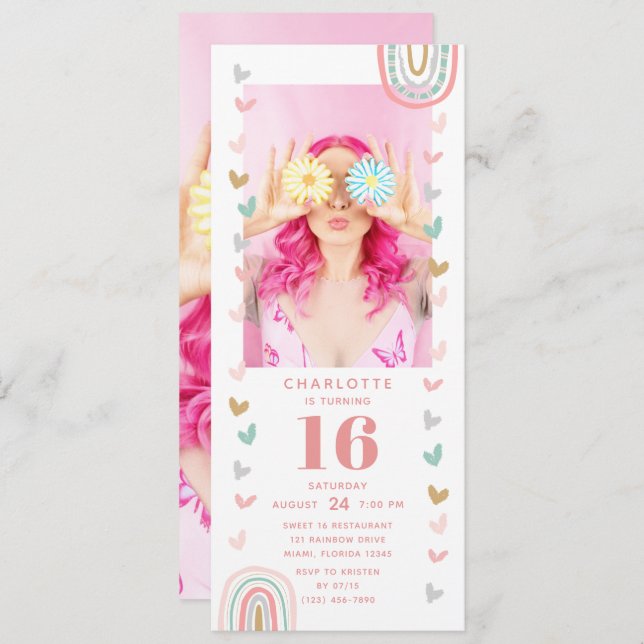 Pink Rainbow Sweet 16 Modern Photo Birthday Party Invitation (Front/Back)