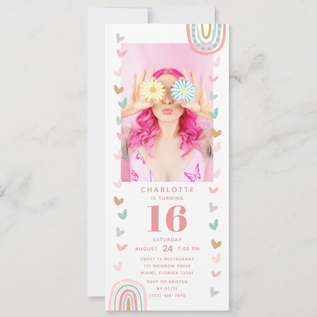 Pink Rainbow Sweet 16 Modern Photo Birthday Party Invitation (Front)