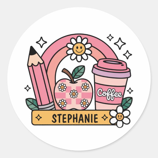 Pink Rainbow Teacher Essentials – Personalised Classic Round Sticker (Front)