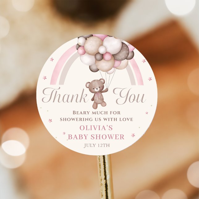 Pink Rainbow Teddy Bear Balloon Baby Shower Classic Round Sticker (Creator Uploaded)