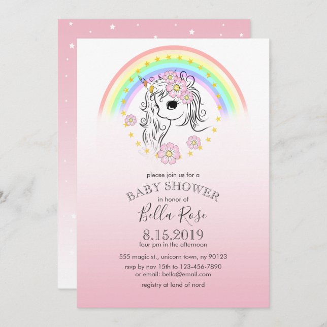 Pink Rainbow Unicorn Baby Shower Invite (Front/Back)