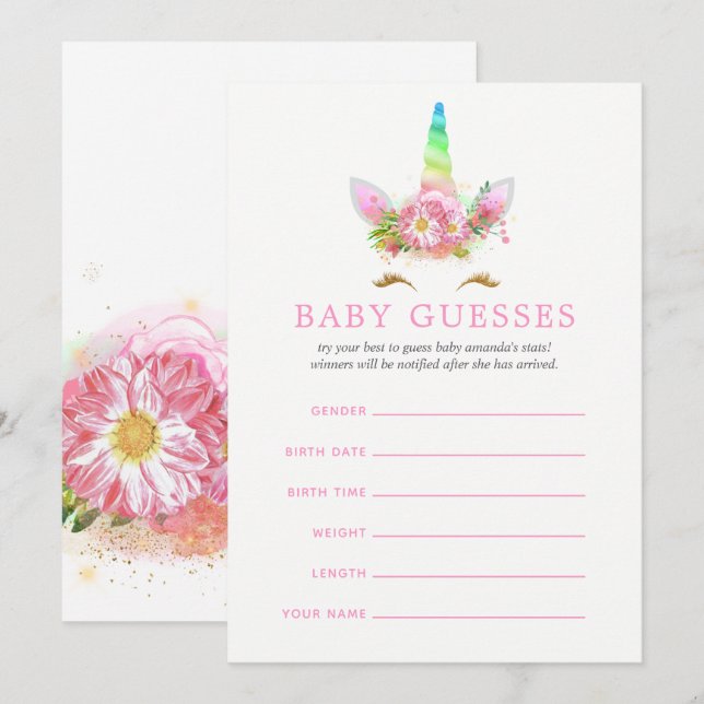 Pink Rainbow Unicorn Girl Baby Shower Baby Guesses Invitation (Front/Back)