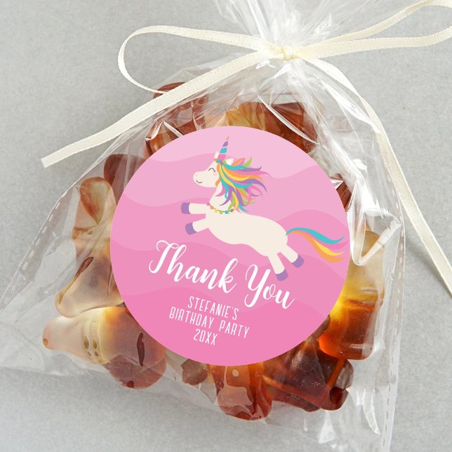 Pink Rainbow Unicorn Girl Birthday Party Thank You Classic Round Sticker (Creator Uploaded)