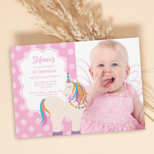 Pink Rainbow Unicorn Girly 1st Birthday Photo Invitation