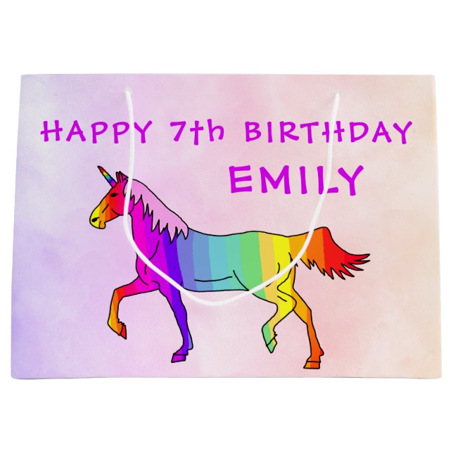 Pink Rainbow Unicorn Horse Name Girl Birthday Large Gift Bag (Front)