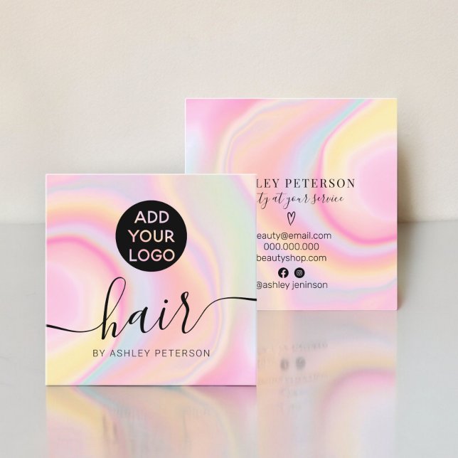 pink rainbow unicorn marble girly hair logo square business card (pink rainbow unicorn marble girly hair logo square business card)