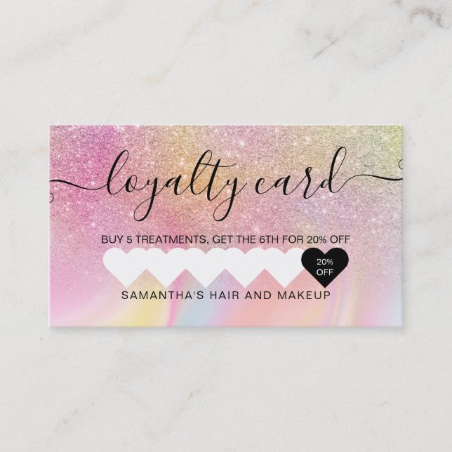 pink rainbow unicorn marble glitter heart makeup loyalty card (Front)