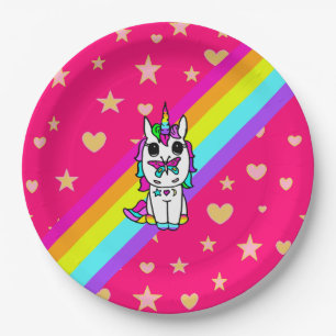 Pink Rainbow Unicorn with Butterfly on Nose Paper Plate