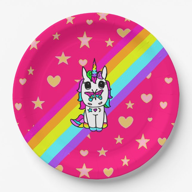 Pink Rainbow Unicorn with Butterfly on Nose Paper Plate (Front)