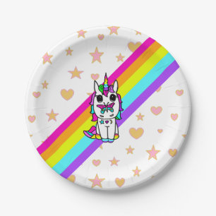 Pink Rainbow Unicorn with Butterfly on Nose Paper Plate