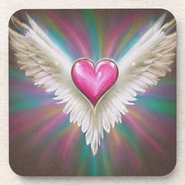 Pink Rainbow Winged Heart Coaster (Front)