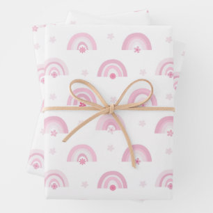 Pink Rainbows and Flowers Baby Shower Wrapping Paper Sheet