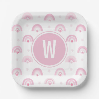 Pink Rainbows and Flowers Monogram Baby Shower Paper Plate