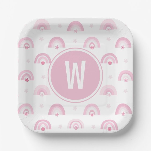 Pink Rainbows and Flowers Monogram Baby Shower Paper Plate (Front)