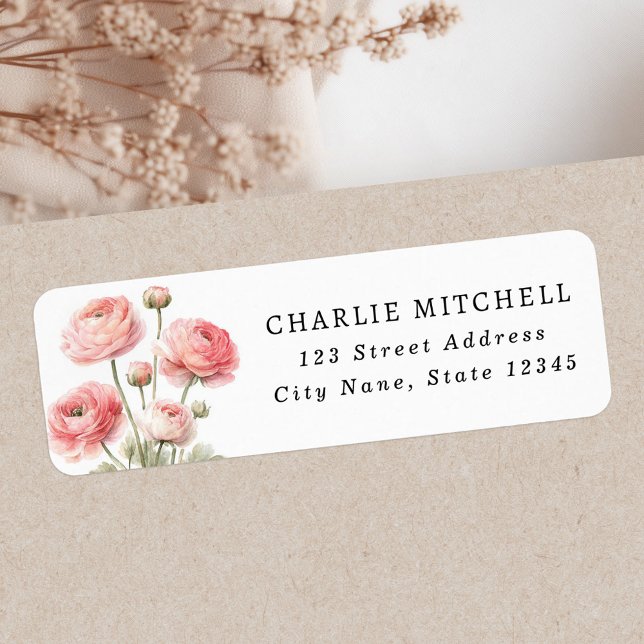 Pink ranunculus flower painting return address (Pink ranunculus flower painting return address label)