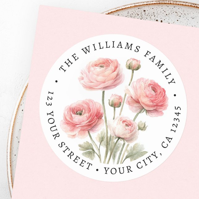 Pink ranunculus flower painting return address classic round sticker (Pink ranunculus flower painting return address classic round sticker)