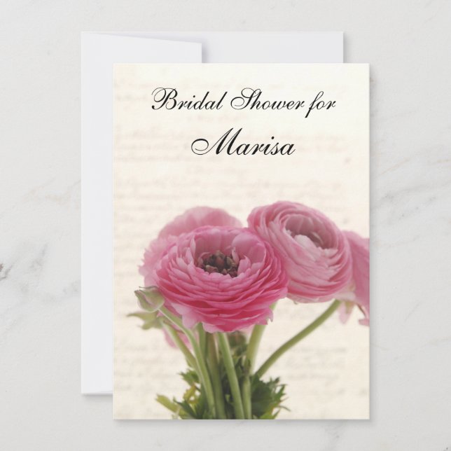 Pink ranunculus flowers on script bridal shower invitation (Front)