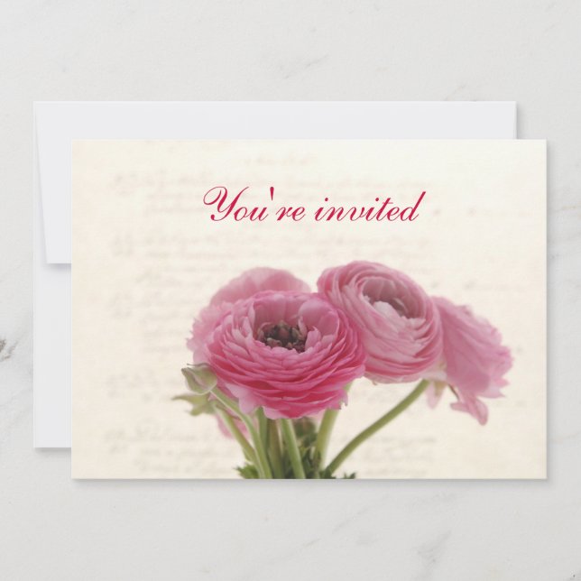 pink ranunculus flowers on script invitation (Front)