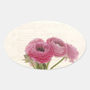pink ranunculus on script oval stickers