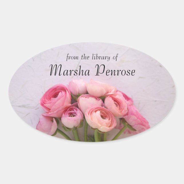 Pink ranunculus on textured background bookplate oval sticker (Front)