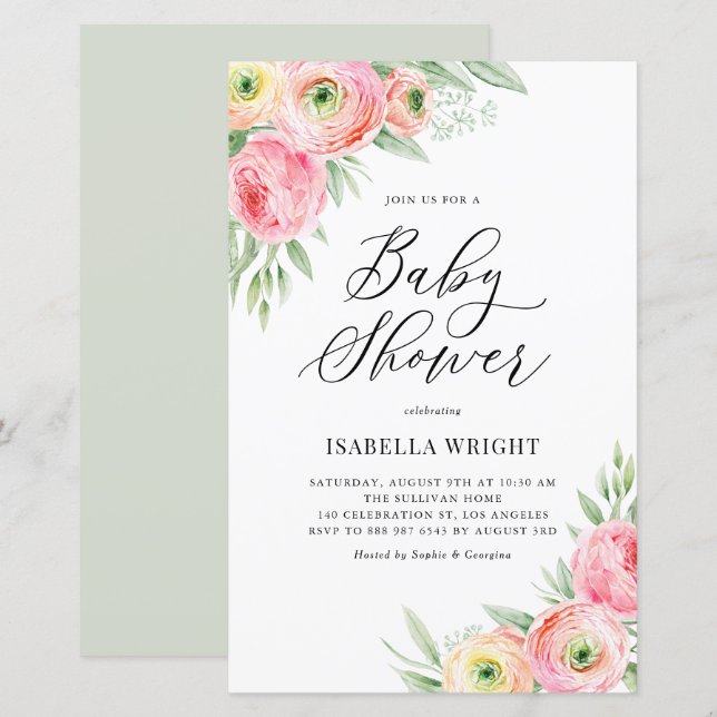 Pink Ranunculus Spring Baby Shower Invitation (Front/Back)