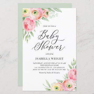 Pink Ranunculus Spring Baby Shower Invitation