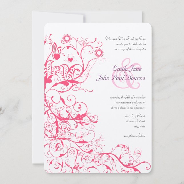 Pink Raspberry Birds Swirls Wedding Invites (Front)
