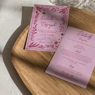 Pink Raspberry Drawn Floral All In One Wedding Invitation