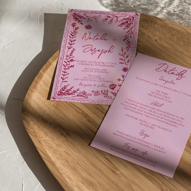 Pink Raspberry Drawn Floral All In One Wedding Invitation (Creator Uploaded)
