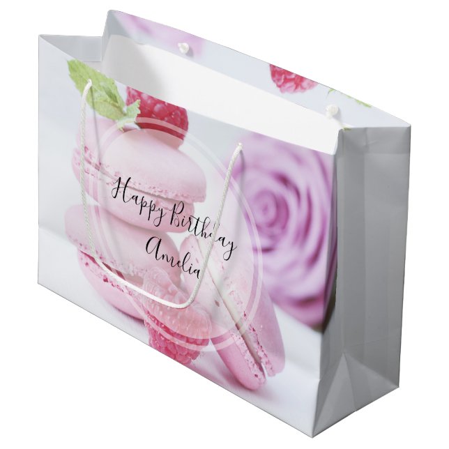 Pink Raspberry Macarons French Pastry Birthday Large Gift Bag (Front Angled)