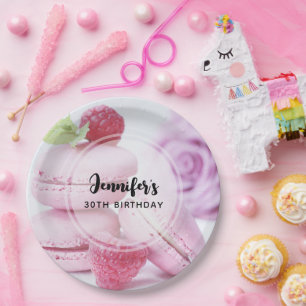 Pink Raspberry Macarons French Pastry Birthday Paper Plate