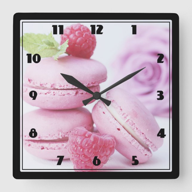 Pink Raspberry Macarons French Pastry Photo Square Wall Clock (Front)