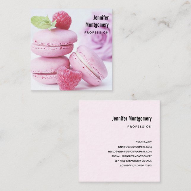 Pink Raspberry Macarons French Pastry Square Business Card (Front/Back)