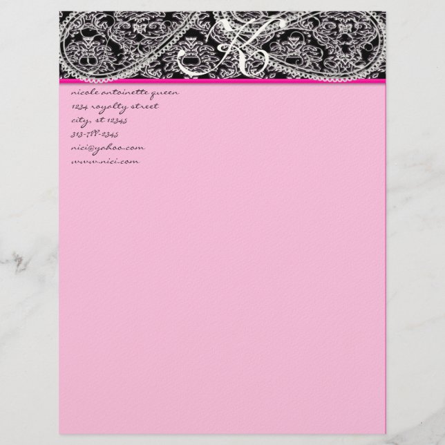 Pink Raspberry Monogram Letterhead Black Paisley (Front)