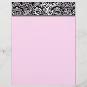 Pink Raspberry Monogram Letterhead Black Paisley