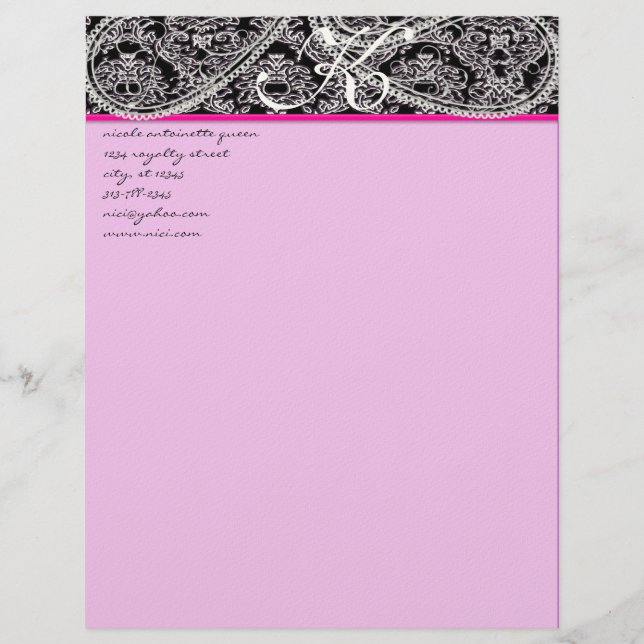 Pink Raspberry Monogram Letterhead Black Paisley Template (Front)