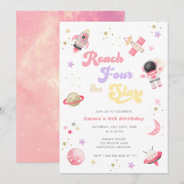 Pink Reach Four the Stars 4th Birthday Invitation (Front/Back)