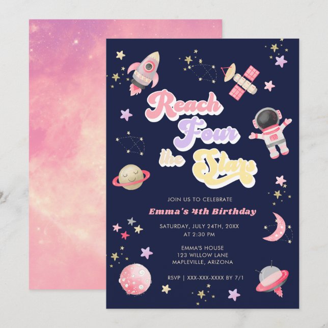 Pink Reach Four the Stars 4th Birthday Invitation (Front/Back)