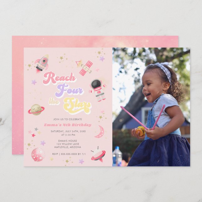 Pink Reach Four the Stars 4th Birthday Invitation (Front/Back)