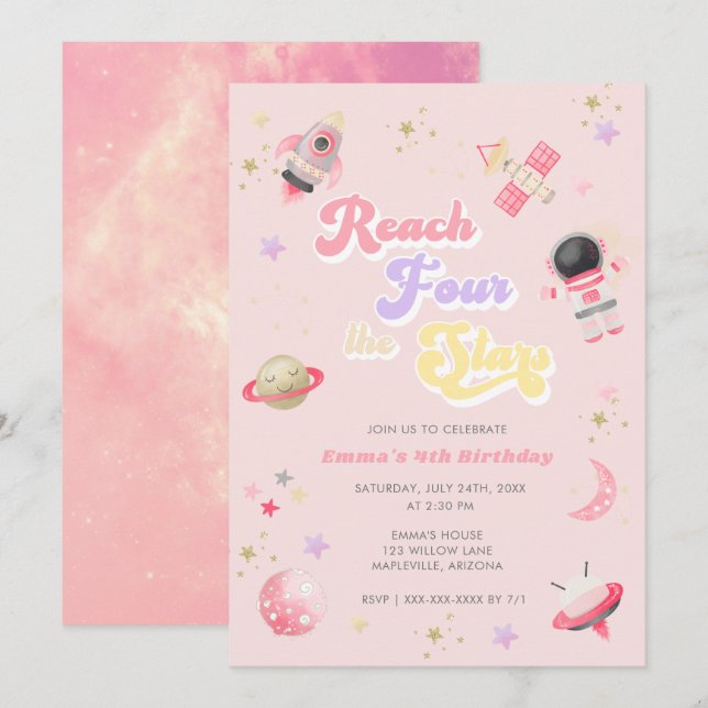 Pink Reach Four the Stars 4th Birthday Invitation (Front/Back)