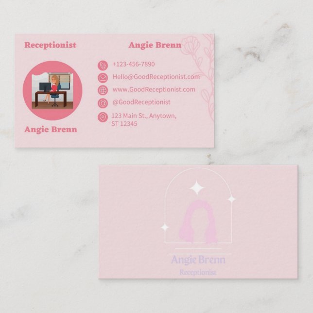 Pink Receptionist Business Card Double Sided (Front/Back)