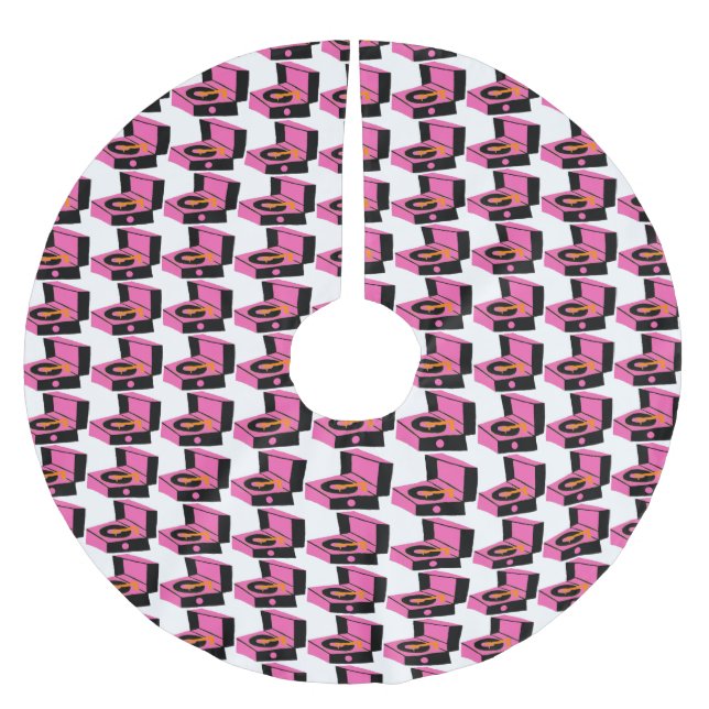 Pink Record Player Houndstooth X-mas Tree Skirt (Front)