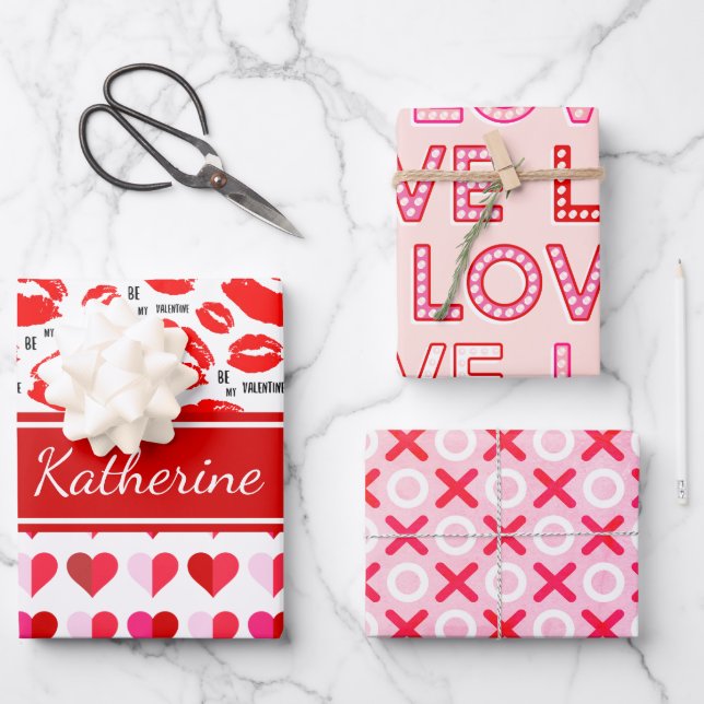 Pink Red Add Name Monogram Be My Valentine XO Love Wrapping Paper Sheet (Front)