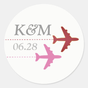 pink & red aeroplanes on white + initials, travel classic round sticker